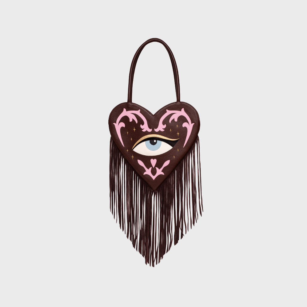 LUCKY EYE HEART FRINGES BAG BROWN