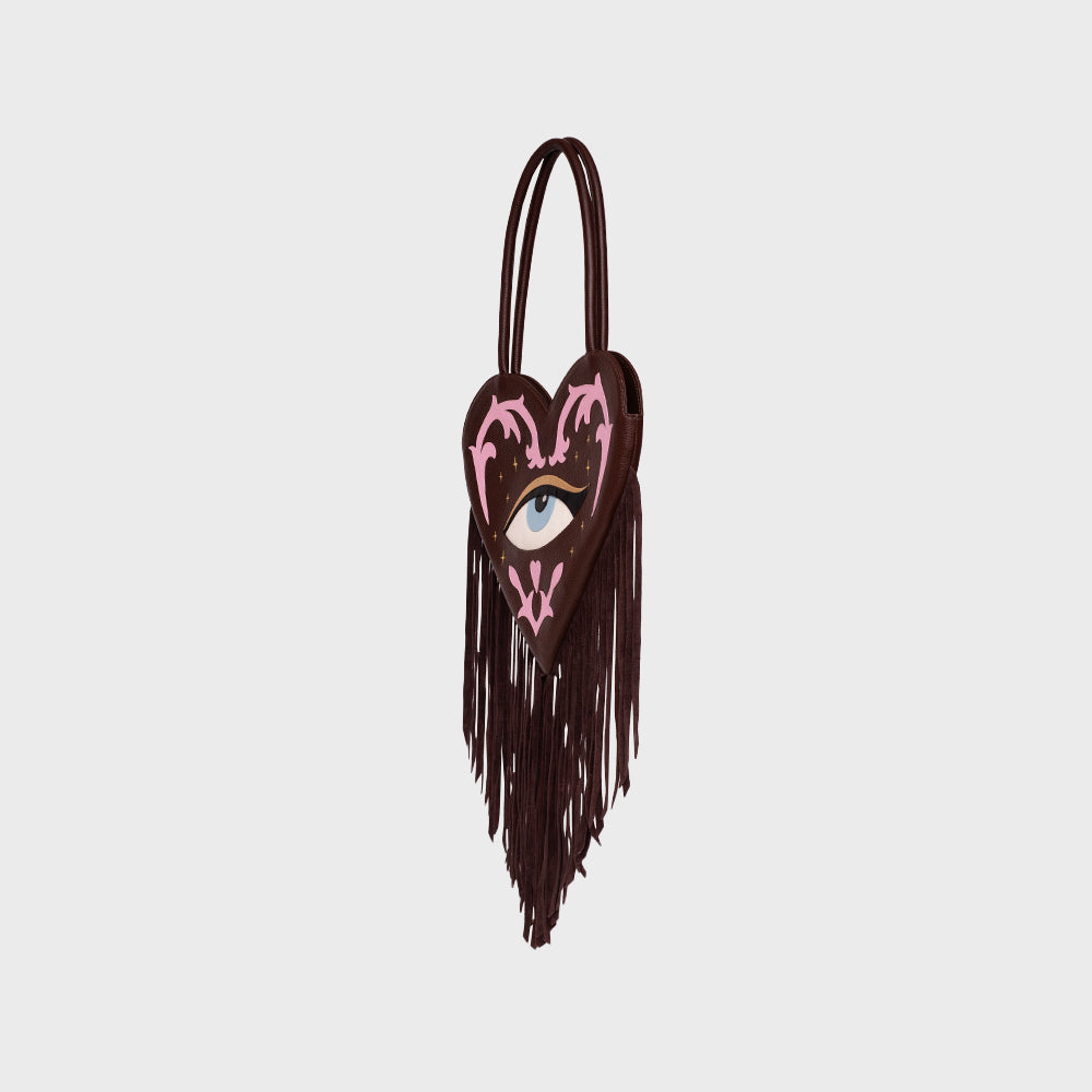 LUCKY EYE HEART FRINGES BAG BROWN